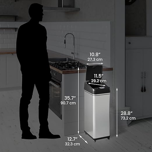 iTouchless Rolling 13 Gallon Sensor Kitchen Trash Can with Lid and Wheels Odor Filter Stainless Steel Automatic Kitchen Garbage Bin Trashcan for Home Office Bedroom Living Room Garage Wastebasket