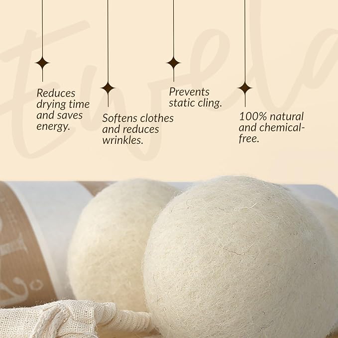 Ewela 100% Natural Merino Wool Dryer Balls, Set of 3, Reusable Chemical-Free Fabric Softener, Natural White, 7-8 cm Diameter