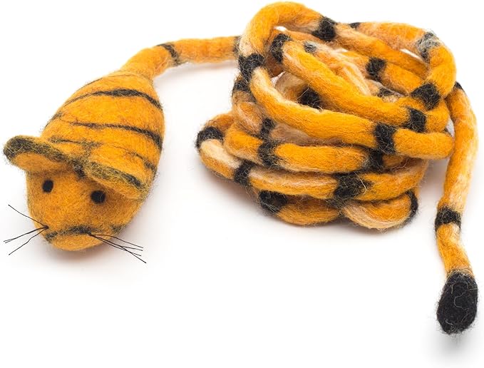 Glaciart One Felt Mouse Cat Toy – Soft Fuzzy Enrichment 100% Natural Wool - Interactive Catnip Play Cat Toy Set - Safe for Pets, Non-AZO Colored Dyes - 100” Long