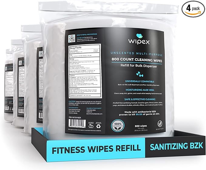 Wipex Sanitizing Wipes Refill - 800ct Antibacterial Hand Sanitizing Wipes with Safe Plant Based Cloth, Commercial Size use at Gyms, Studios, Clubhouse & Public Facilities (Pack of 4)