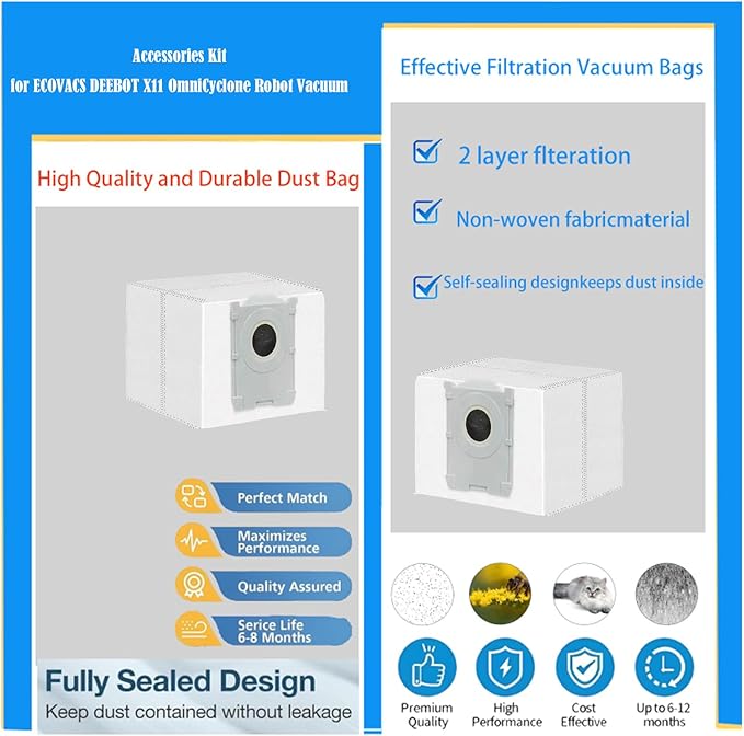 Replacement ECOVACS Accessories for DEEBOT X11 OmniCyclone / X11 Pro Omni / X11 Pro / X9 Pro Omni/X9 Pro：parts 1 Main Brush 4 Side Brushes 4 HEPA Filters 3 Dust Bags 4 Mop Pads Spare Attachments