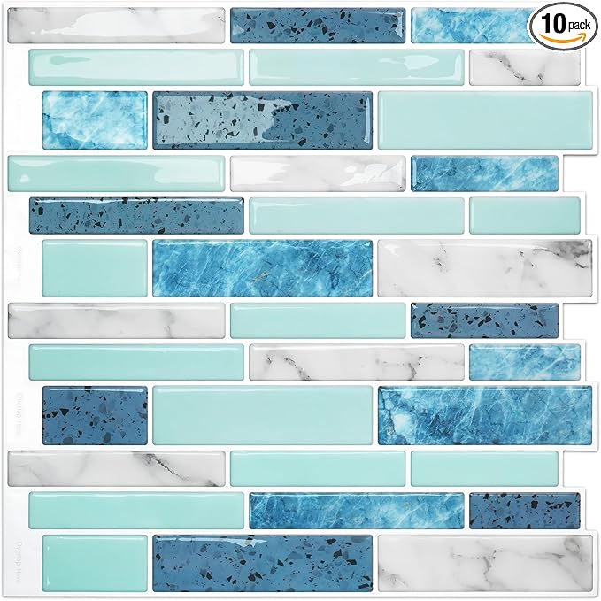 Vamos Tile 10 Sheets Peel and Stick Tile Backsplash, 12"x12" Light Color Stick on Wall Tiles, Self Adhesive Tile Sticker for Kitchen Backsplash and Bathroom(Blue Marble Look)