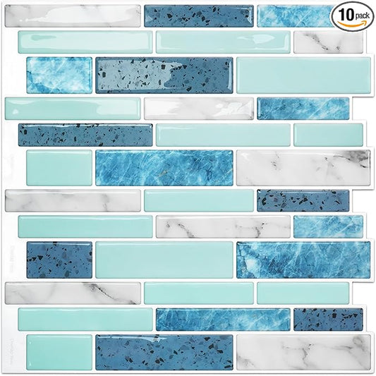 Vamos Tile 10 Sheets Peel and Stick Tile Backsplash, 12"x12" Light Color Stick on Wall Tiles, Self Adhesive Tile Sticker for Kitchen Backsplash and Bathroom(Blue Marble Look)