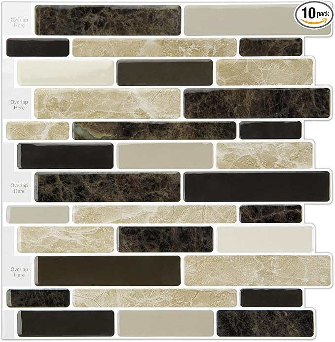 LONGKING 10-Sheet Brown Peel and Stick Backsplash Tile for Kitchen, Vinyl Stick on Tile Stickers for Wall, Kitchen, Bathroom, Counter Top