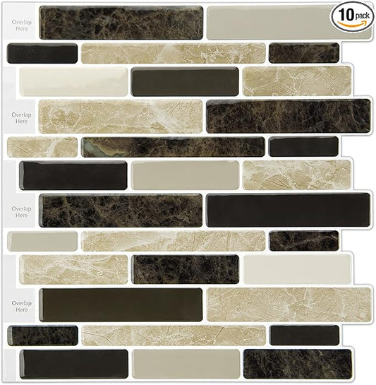 LONGKING 10-Sheet Brown Peel and Stick Backsplash Tile for Kitchen, Vinyl Stick on Tile Stickers for Wall, Kitchen, Bathroom, Counter Top
