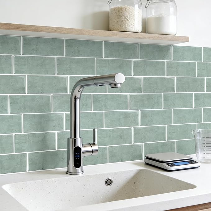 Subway Backsplash Tile Peel and Stick, Green Self Adhesive Tiles for Kitchen, 10 Sheets Stick on Backsplash for Kitchen and Bathroom(11.56x8.38)