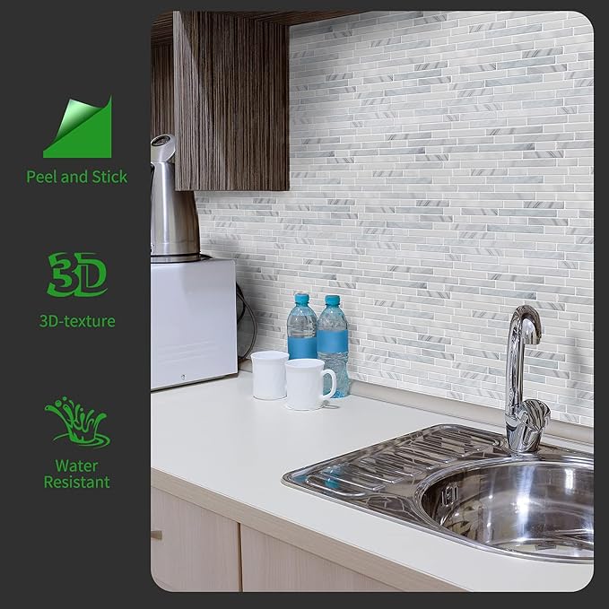 LONGKING 10-Sheet Self-Adhesive Peel and Stick Backsplash for Kitchen, Vinyl Decorative Tiles (Light Gray)