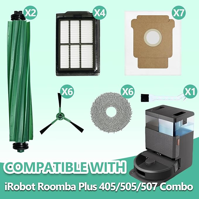 26 Pcs Replacement Parts Compatible with iRobot Plus 405/505/507 Combo Vacuum Cleaner Accessories, Includes 2 Main Brushes, 7 Dust Bags, 6 Mop Pads, 4 Filters, 6 Side Brushes and 1 Cleaning Tool