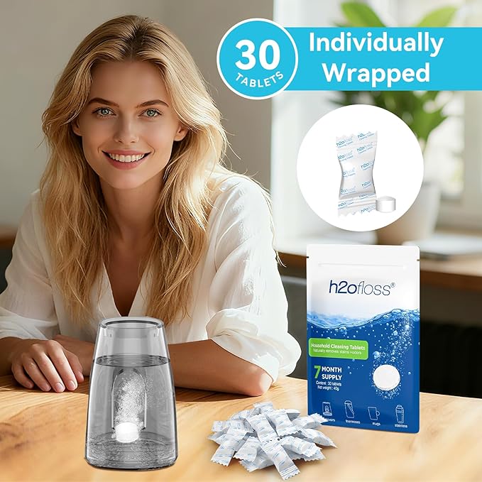H2ofloss Water Tank & Household Cleaning Tablets – Deep Cleans & Freshens Water Flosser Reservoirs, Kettles & Bottles │ Naturally Removes Limescale, Stains & Odors │ 30 Individually Wrapped Tablets
