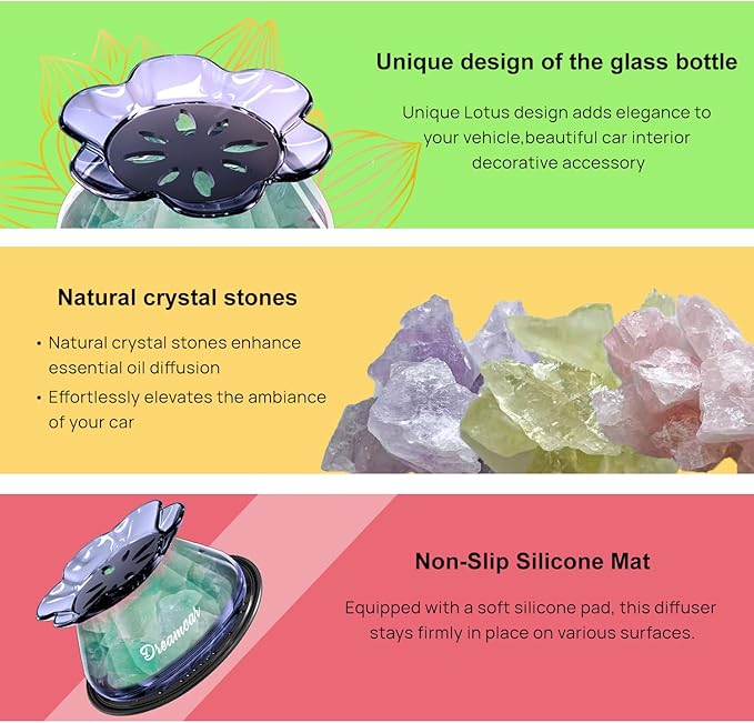 Car Diffuser Glass Bottles with Crystals Natural Stone for Spreading Essential Oils,Blue Lotus Design Glass jar as air freshener Vent Clip,car Vent Decor Accessories (Green + Purple)