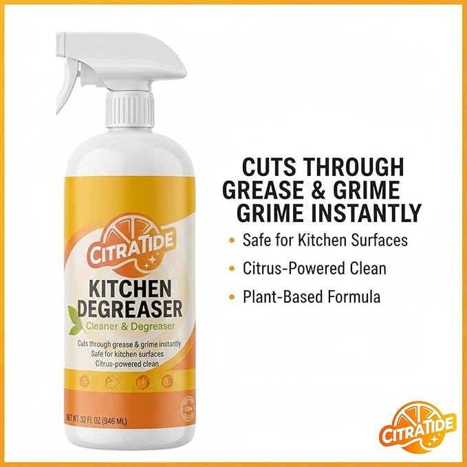 Kitchen Degreaser Spray – Heavy Duty Plant-Based Citrus Cleaner for Countertops, Stovetops & Appliances – Non-Toxic, USA Made (32 fl oz)