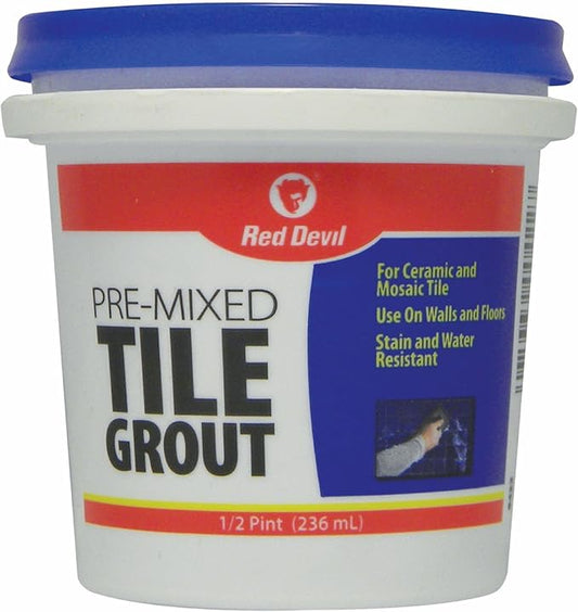 Red Devil 0422 Pre-Mixed Tile Grout - Professional Quality, Excellent Adhesion, Ideal for Wall & Floor Use - 1/2 Pint, White, Made in USA