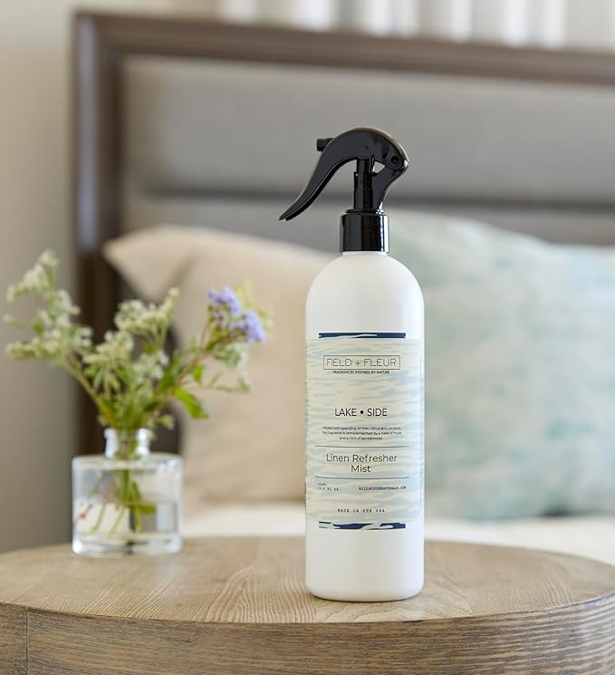 FIELD FLEUR Lake Side Linen & Room Spray 15.5 oz - Aromatic & Refreshing Bedding & Fabric Mist – Air Freshener for Clothes & Sofas - Notes of Amber, Citrus, Coconut, Musk & Sandalwood - Made in USA