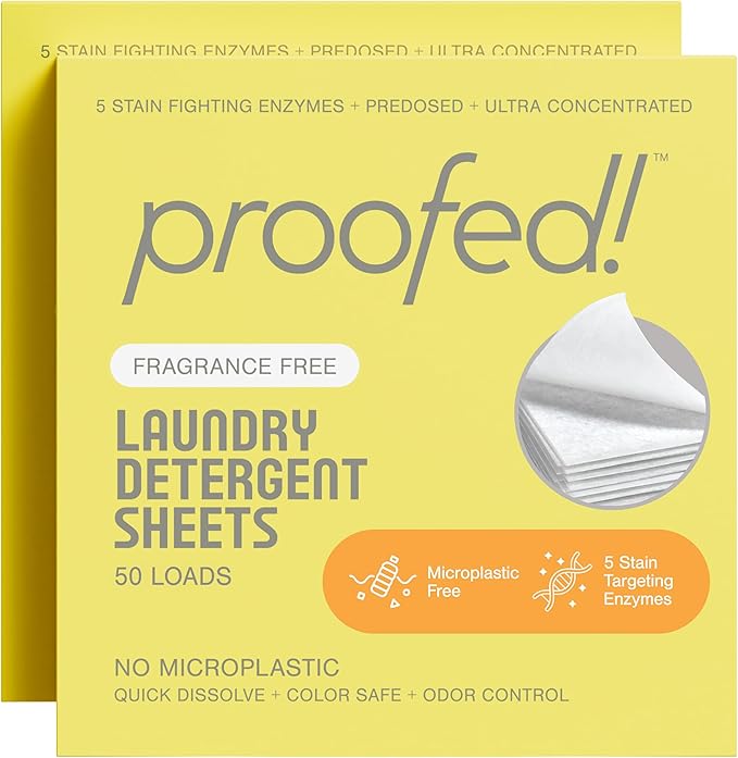 Proofed! Laundry Detergent Sheets, 64 Count, Fragrance-Free, The Only 100% Plastic-Free Sheet, No PVA or PVOH, Hypoallergenic, Bio-Based Ingredients, 1 Box