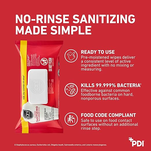 PDI Sani-Professional No-Rinse Sanitizing Multi-Surface Food Service Wipes Softpack, for Restaurants, Kitchen, and Home Use, Pack of 12, 72 Wipes Each, Large 9" x 8" Wipes
