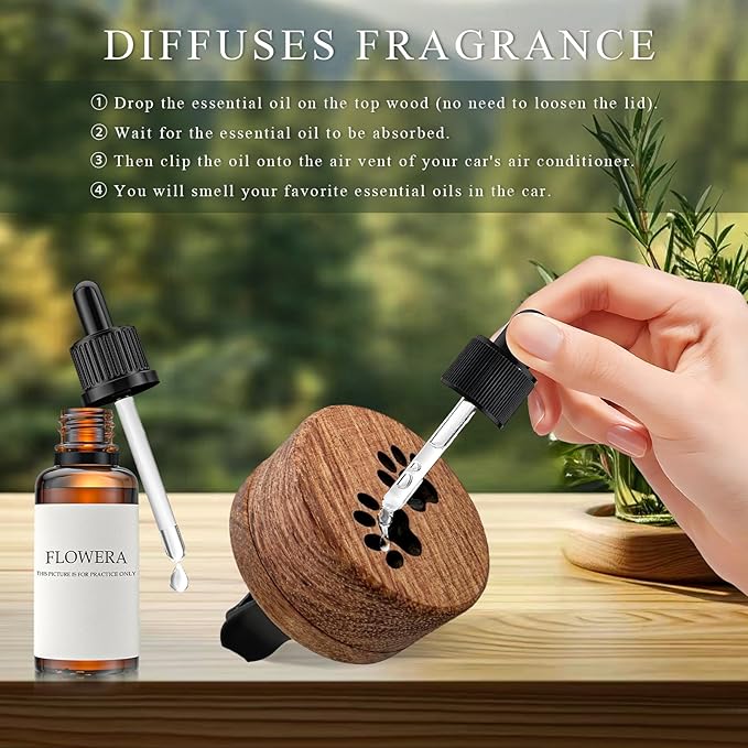 2 PCS Wood Car Essential Oil Diffuser, Wooden Aromatherapy Essential Oils Diffuser with Vent Clip, Wood Vent Clip Air Freshener for Vehicle Office Home Bedroom (Footprints)