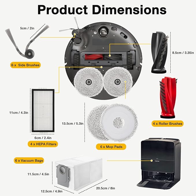 Accessories Kit Compatible with Roborock Saros 10R / Qrevo CurvX G20s Ultra Robot Vacuum Replacement Parts Dual Main Brush Hepa Filter Mop Pads Side Brush Dust Bags Screwdriver Clean Tool
