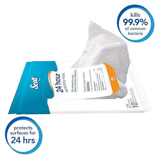 Scott 24 Hour Sanitizing Wipes – Multi-Surface Cleaning & Disinfecting, Continuous Sanitization for 24 Hours – (41526), 50 Packs x 10, 500 Wipes