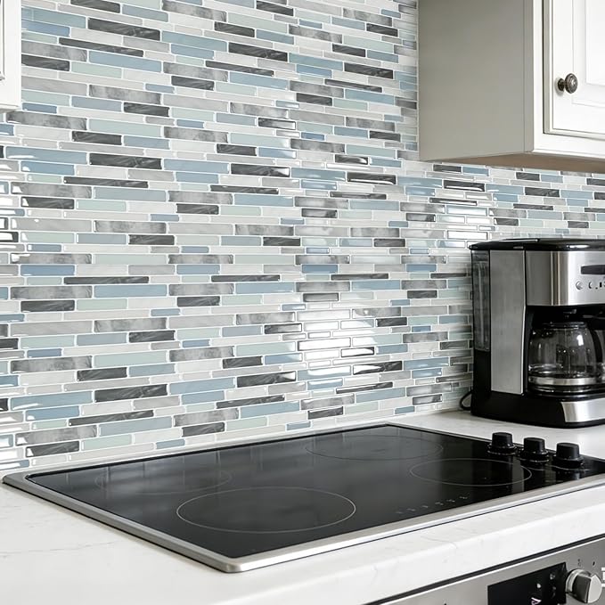 LONGKING Self-Adhesive Kitchen Backsplash, Marble Look Decorative Tiles (10 Tiles)