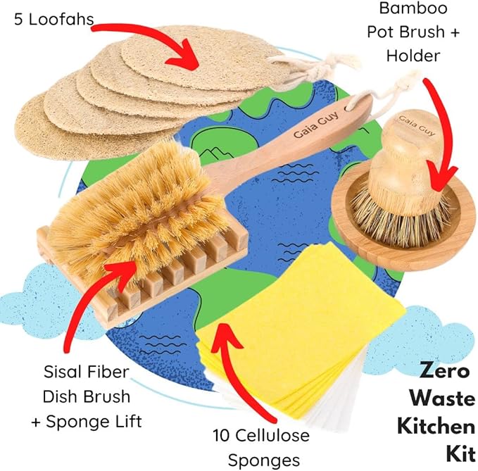 (NO Plastic) Dish Washing Brushes and Sponges, 2 Wood Brushes + 10 Natural Sponges + 5 Loofahs+ 2 Wood Brush Holders, Plastic Free Kitchen Cleaning Brushes (Zero Waste Kit)