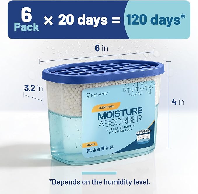 Premium Moisture Absorbers and Dehumidifier Tubs – High-Efficiency Closet Dehumidifier and Dehumidifier for Car, Odor Control Fragrance Free, 6 Pack, 7.5 Oz