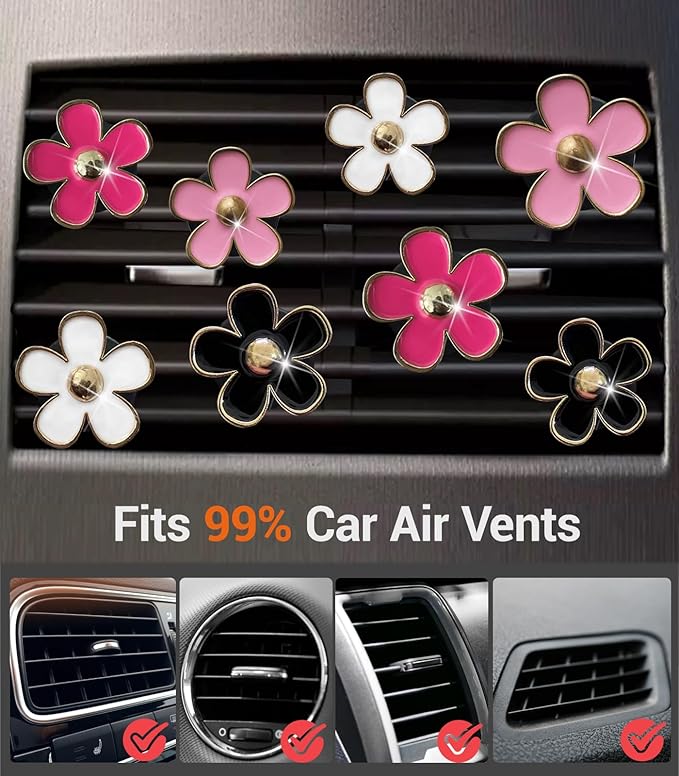 Daisy Flower Car Air Freshener Vent Clips, 8 Pcs Cute Car Accessories for Women Interior, Girly Decor Essentials, Truck Accessories, for Bathroom Office Pet Houses (Pink,White,Black,Red, 3.1cm, 2.9cm)