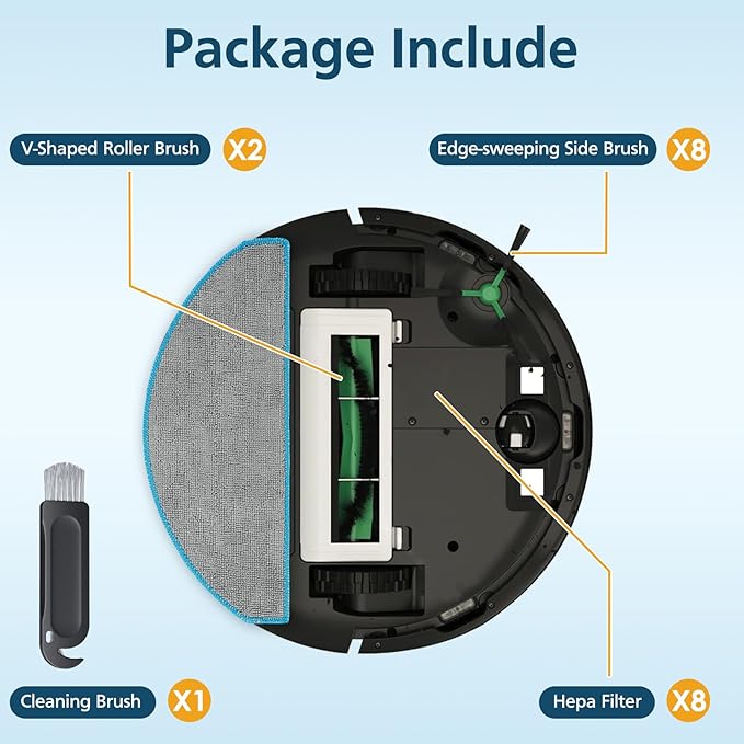 Replacement Parts Accessories Compatible with iRobot Roomba 104, 105 Vac/Combo, Y0140, Q0120, Y0110, Q0520, Q011 Robot Vacuum, 2 Roller Brush, 8 Hepa Filters, 8 Side Brushes, 1 Cleaning Brush, 19 Pcs