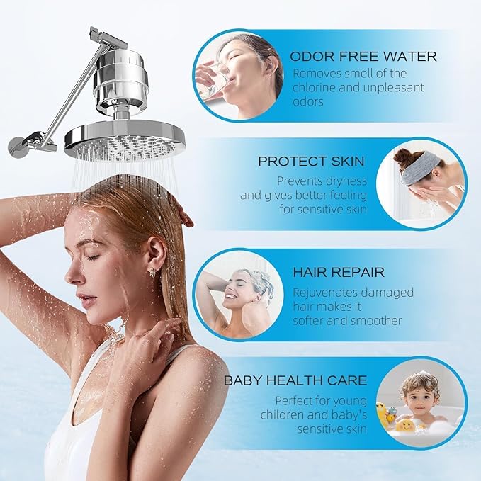 Yodel Upgrade 20 stage Shower Head Water Filter with Vitamin C to Repair Damaged Hair,Skin and Nails, Prevent Scale Buildup, Hard Water Softener 99% Remove Lead,Chlorine,Fluoride and Chemicals,Chrome