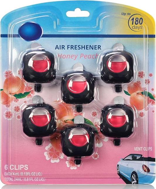 Honey Peach Scent Car Air Freshener Vent Clip, 6 Count Long Lasting Up to 180 days, Natural Essential Oil Car Fragrance for Women and Men, Odor Eliminator - 4ml Each