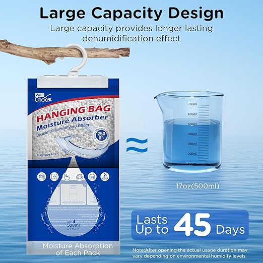 W&E Choice Moisture Absorbers Hanging Bag for Your Closet, Dehumidifier Bags for Bathroom, Fragrance Free Humidity Packs, 6 Pack