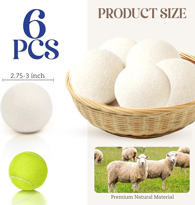 Wool Dryer Balls, New Zealand Dryer Balls Laundry Reusable Reduce Static Cling, Dryer Ball to Reduce Wrinkles & Shorten Drying Time, Drying Balls Fabric Softener Ball for Laundry（Pack of 6)