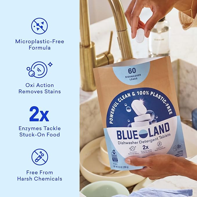 BLUELAND 100% Plastic-Free Dishwasher Detergent Tablets, 36 Count, Free & Clear, Eco-Friendly Dishwashing Pods, Natural, USDA Certified biobased