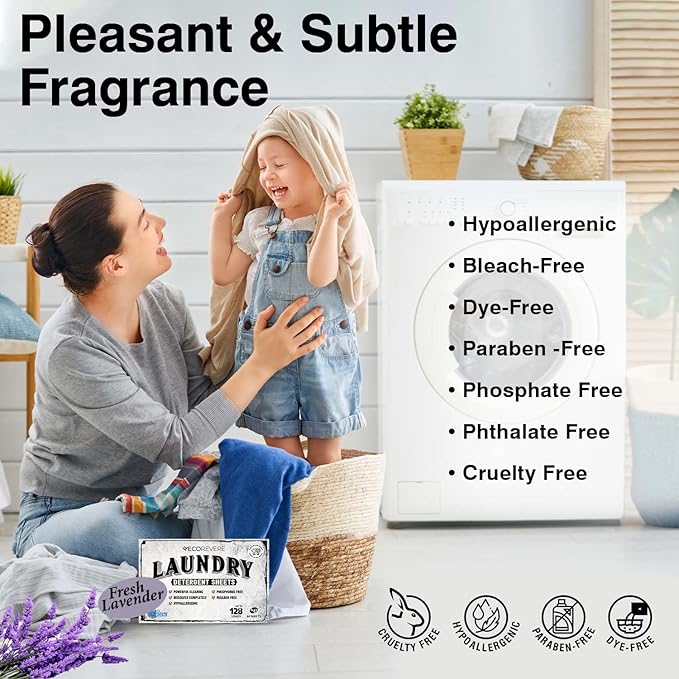 Lavender Laundry Detergent Sheets - Eco Friendly Hypoallergenic for Sensitive Skin, Natural Plant Based Washer Sheets, Travel Laundry Detergent, Chemical Free, Lavender Scent (64cnt/128 Small Loads)