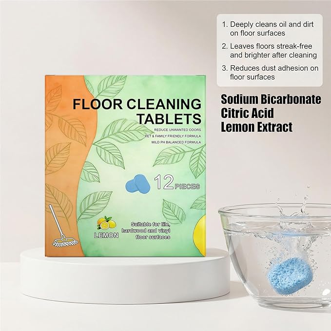 Floor Cleaner Tablets - 12 Pieces Effective Mild Sheets Solution, Floor Stain Removal Agent with Instant-Dissolve Technology, Deep-Action Degreaser, Fresh Botanical Scent for Tiles and Marble