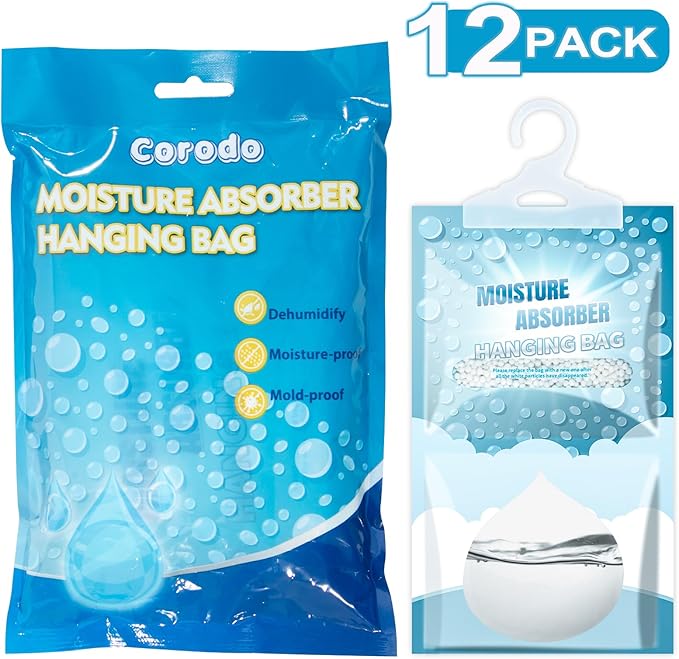 Moisture Absorbers Packets - 12 Pack Hanging Moisture Absorbers Dehumidifier Bags for Closet Bathroom Kitchen, Fragrance Free Humidity Absorber Packs, Removes Moisture & Odors