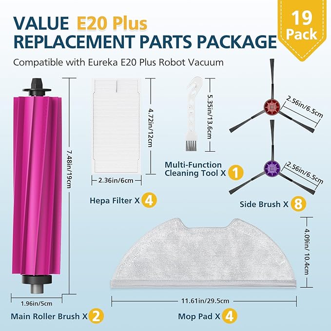 19 Packs Replacement Parts Only for Eureka E20 Plus Robot Vacuum Cleaner, 2 Main Roller Brushes, 4 HEPA Filters, 4 Mop Pads, 8 Side Brushes, 1 Cleaning Brush Accessories Kit