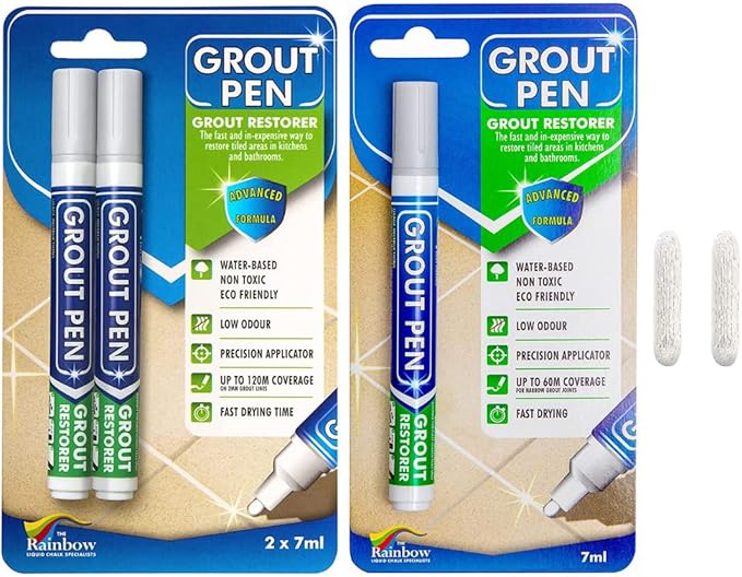 Grout Pen Tile Paint Marker: Light Grey 1 Pack and 2 Pack with Extra Tips (Narrow, 5mm) - Waterproof Grout Colorant and Sealer Pen to Renew, Repair, and Refresh Tile Grout - Cleaner Floor Pens