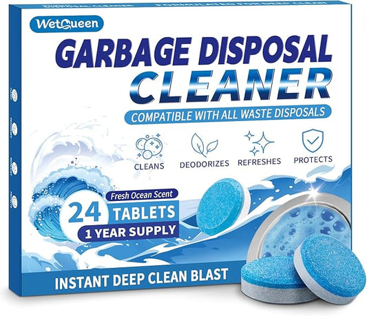 Garbage Disposal Cleaner and Deodorizer Tablets - 24 Pack (1 Year Supply), Powerful XL Foaming Odor Eliminator, Fresh Ocean Scent Sink & Garburator Freshener, Septic Safe Kitchen Drain Cleaning Care
