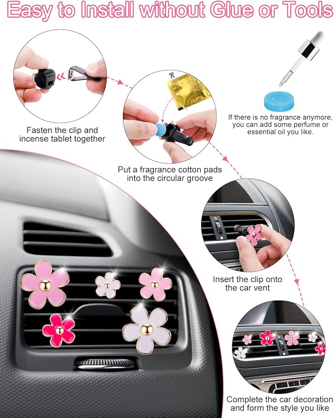 12Pcs PGRODE Car Air Vent Clips with Fragrance Pads, Cute Air Fresheners Clip Car Decor Accessories for Women and Girls, Interior Aesthetic (Daisy)