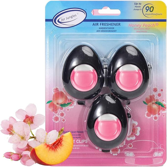 Air Jungles Car Air Freshener Vent Clip 3 Count, Honey Peach Scent, 4 ml Each, Long-Lasting Car Odor Eliminator, Easy Clip-On Design, Up to 90 Days Freshness for Cars, Trucks, and SUVs