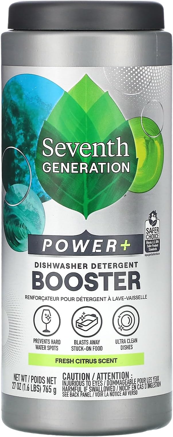 Seventh Generation Power+ Dishwasher Detergent Booster Powder, Blasts Away Stuck-On Food, Fresh Citrus Scent, 27 Oz