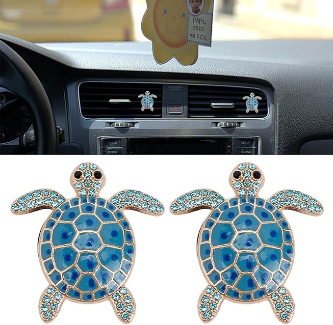 PLIGREAT 2 Pcs Sea Turtle Air Freshener Car Vent Clips Blue Rhinestone Turtle Air Vent Clips Cute Beach Style Alloy Accessories for Women Men Car Interior Decor