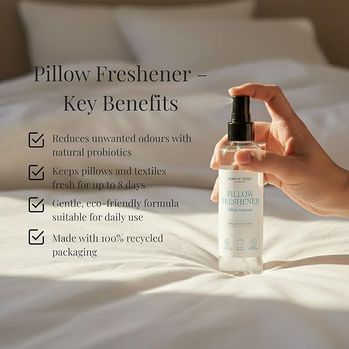 Nordic Sleep by Fossflakes, Probiotic Fabric Freshener Mild Scent 90 ml – Gentle Pillow & Bedding Spray, Natural Odor Eliminator with Soft Fragrance, Hypoallergenic & Eco-Friendly