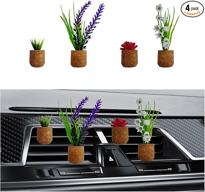 4PCS Plant Air Freshener Vent Clip, 3D Artificial Plant, Cute Mini Car Flower Vase Diffuser, Creative Car Aromatherapy, Interior Decoration Accessories