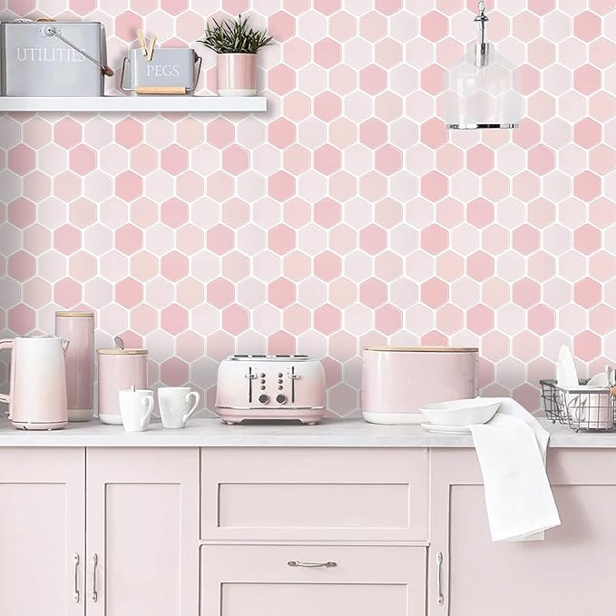 Hexagon Tiles Peel and Stick Backsplash for Kitchen, 10-Sheet Stick on Tiles Kitchen Backsplash, Pink 3D Peel and Stick Wall Tile（12''×12''）