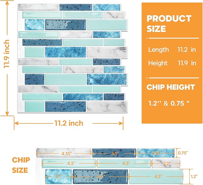 Vamos Tile 10 Sheets Peel and Stick Tile Backsplash, 12"x12" Light Color Stick on Wall Tiles, Self Adhesive Tile Sticker for Kitchen Backsplash and Bathroom(Blue Marble Look)