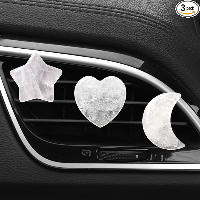 Set of 3 Crystal Stone Car Air Vent Clips, Moon Star Heart Quartz Charm Car Air Freshener Clip, Air Conditioning Outlet Clip, Cute Car Interior Decoration Accessories for Men Women (White, Unscented)