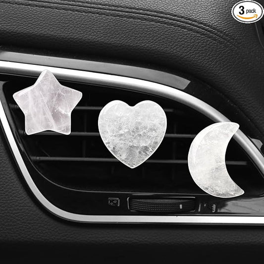 Set of 3 Crystal Stone Car Air Vent Clips, Moon Star Heart Quartz Charm Car Air Freshener Clip, Air Conditioning Outlet Clip, Cute Car Interior Decoration Accessories for Men Women (White, Unscented)
