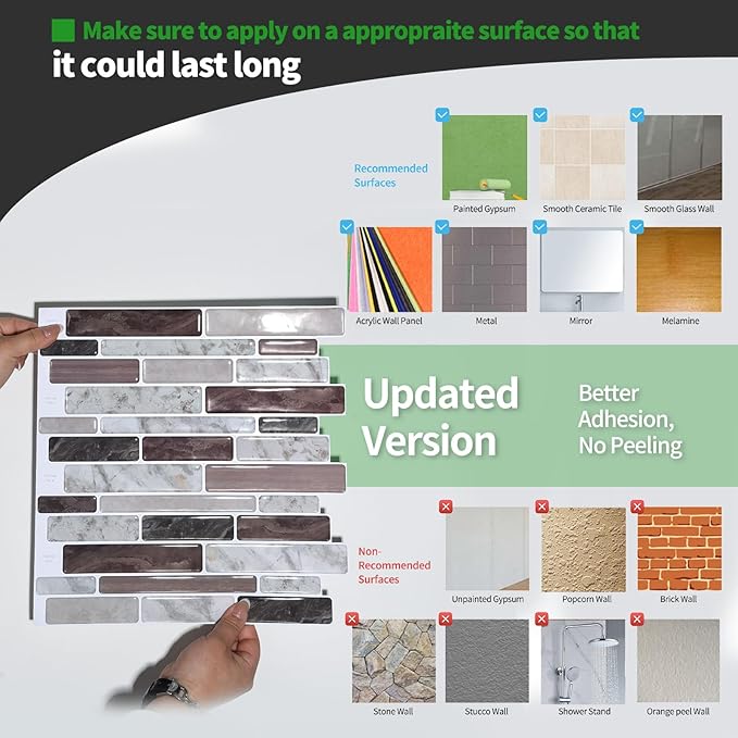 LONGKING Self-Adhesive Kitchen Backsplash, Marble Look Decorative Tiles (10 Tiles) (Multi)