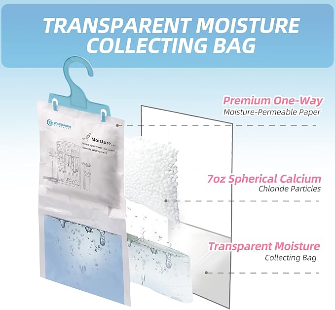 Moisture Absorber Refill Hanging Bags, 12 Pack (200g Each) – Calcium Chloride Dehumidifier Bags with 6 Reusable Hooks, Closet & Bathroom Dehumidifier Bags
